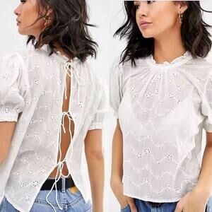 FREE PEOPLE White Cream Eyelet Back Tie Blouse Top Shirt – Large
